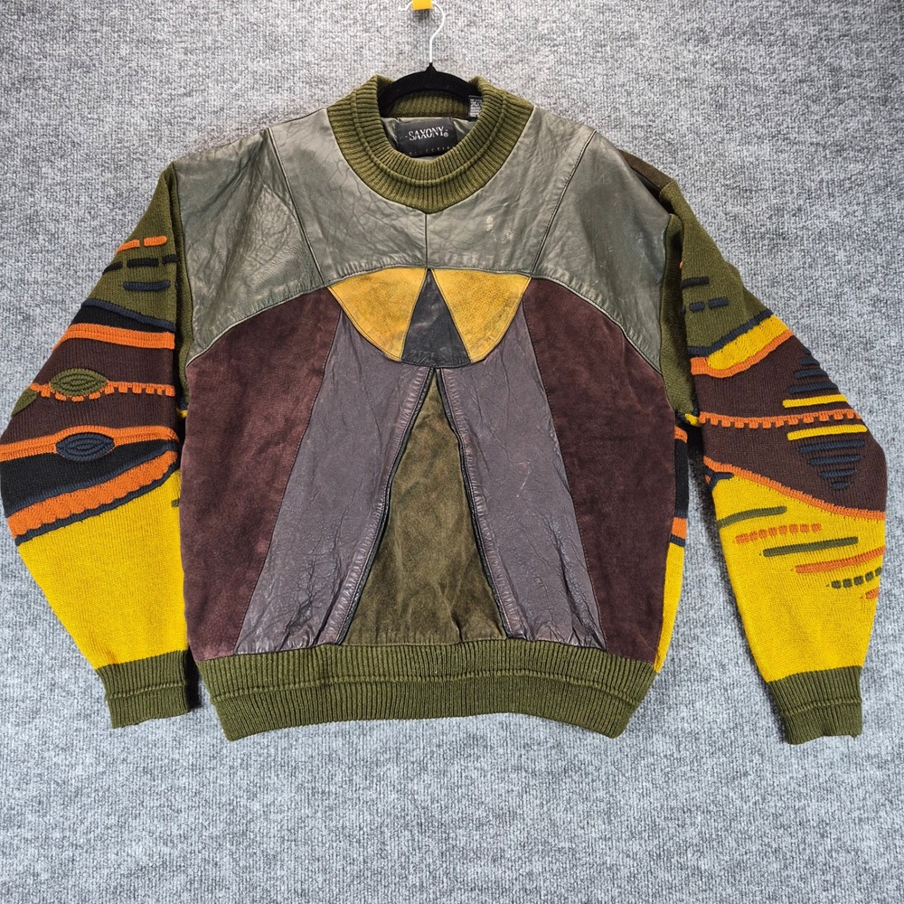 Saxony Sweater Coogi Style Leather Patchwork XL Multicolor Mens